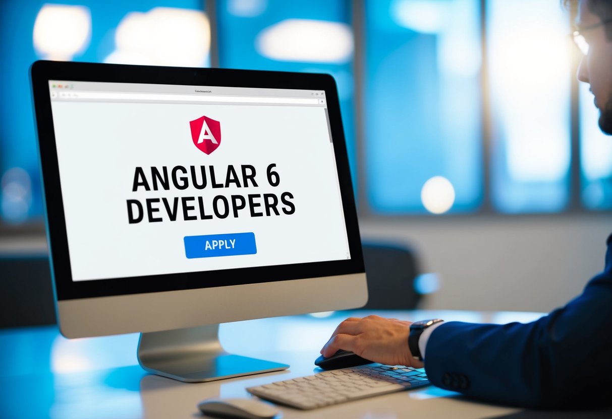 A computer screen displaying a job posting for Angular 6 developers, with a hand reaching for a mouse to click on the "Apply" button