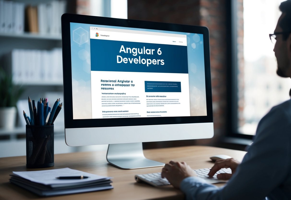 A computer screen with a job posting for "Angular 6 developers," a desk with a stack of resumes, and a person reviewing them