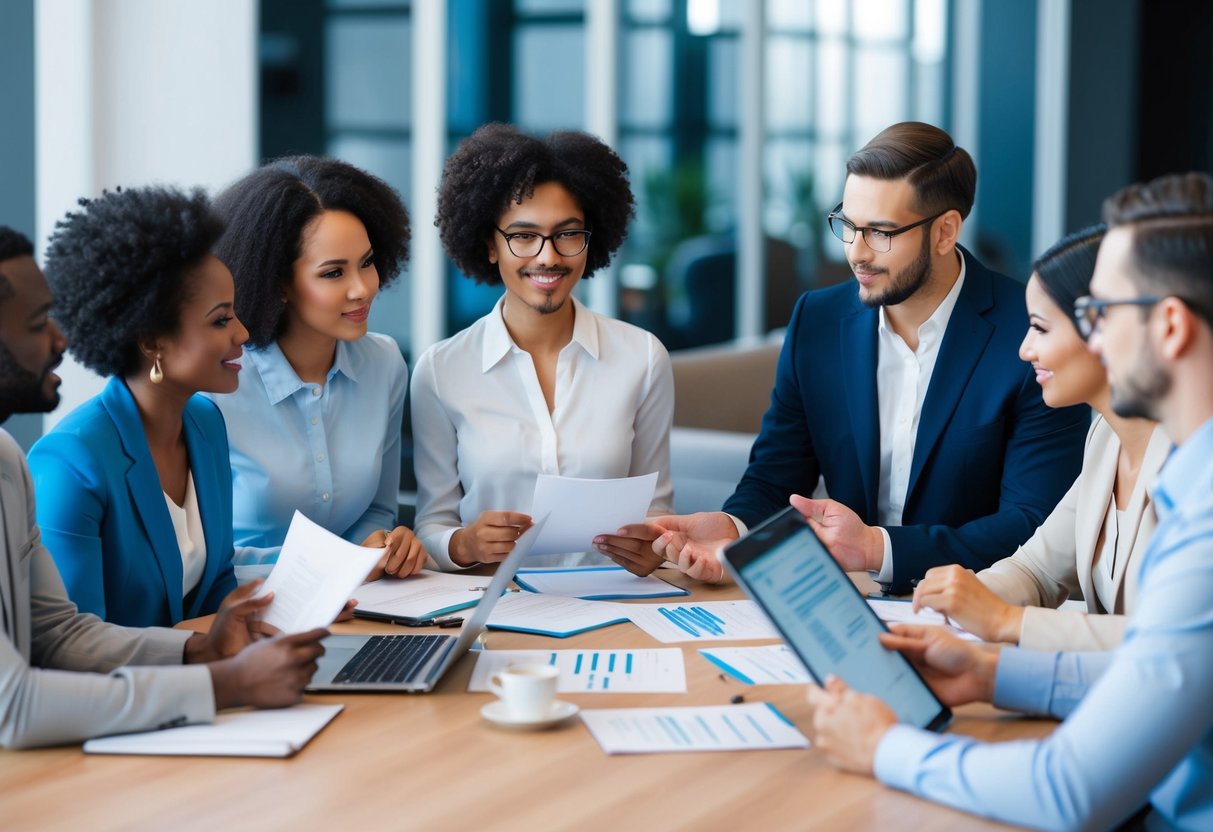 A group of diverse professionals discussing and evaluating cultural and soft skills while reviewing resumes and coding examples for hiring angular 6 developers