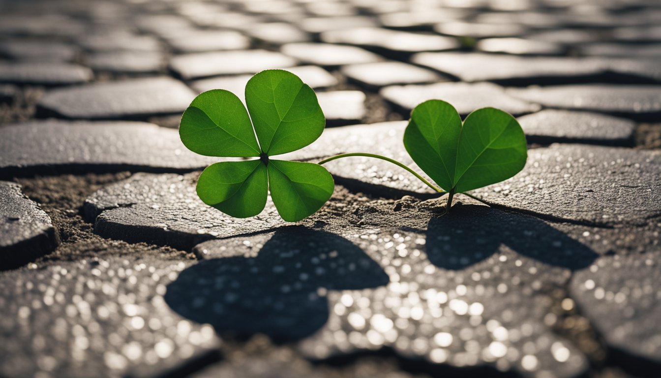 A lone shamrock grows from cracked pavement, overshadowed by a tattered Irish flag fluttering in the wind