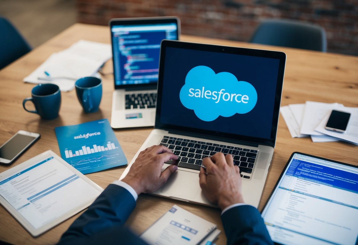 A person working on a laptop, surrounded by Salesforce developer documentation and coding materials