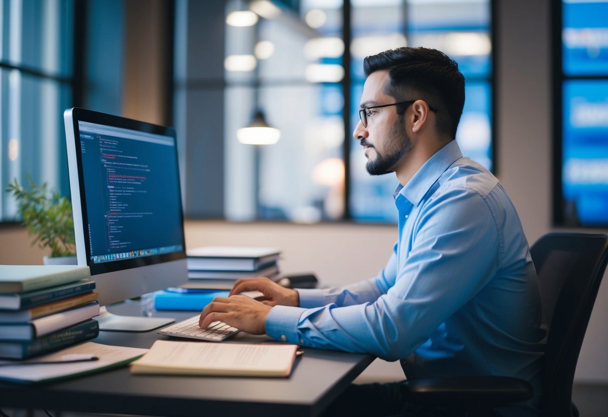 A person at a computer, coding and testing Salesforce applications, surrounded by reference books and technical documents