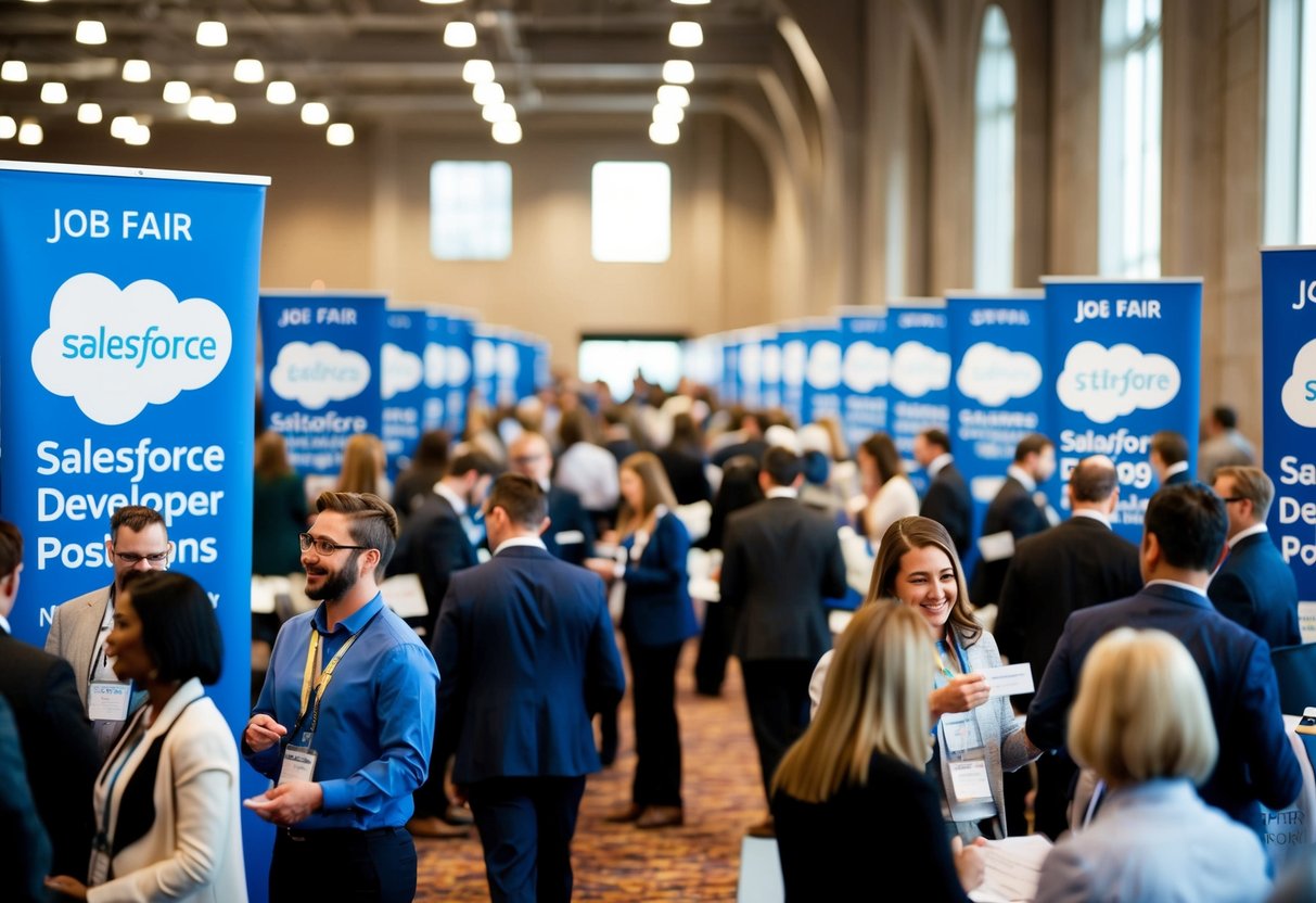 A bustling job fair with banners advertising Salesforce developer positions, attendees networking and exchanging business cards