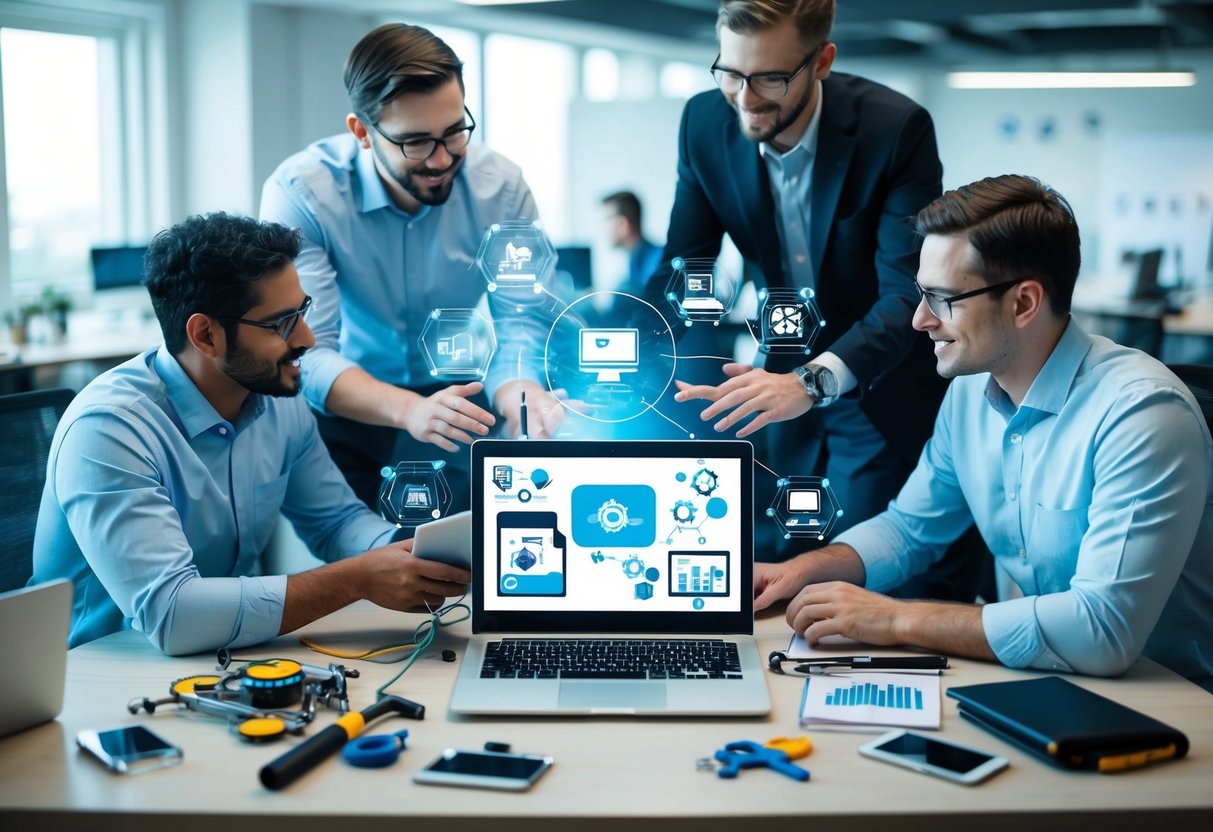 A laptop surrounded by various tools and technologies, with a team of devops engineers collaborating in a modern office setting