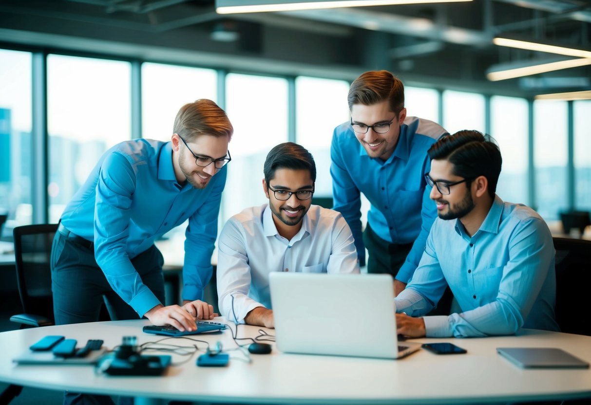 A team of engineers collaborating on complex coding and automation tasks in a modern office setting