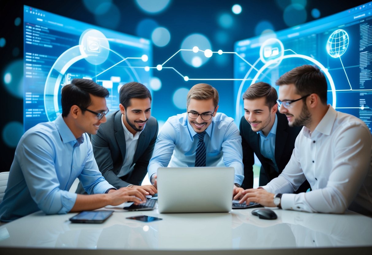 A group of engineers collaborating on digital infrastructure, surrounded by futuristic technology and computer screens