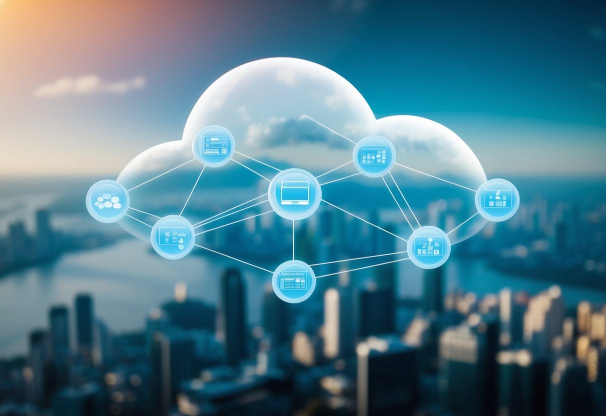 A cloud with interconnected nodes and lines representing data flowing between them