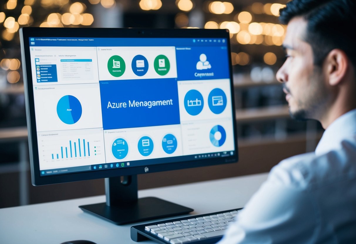 A computer screen displaying various azure management and governance tools with a person overseeing the monitoring process