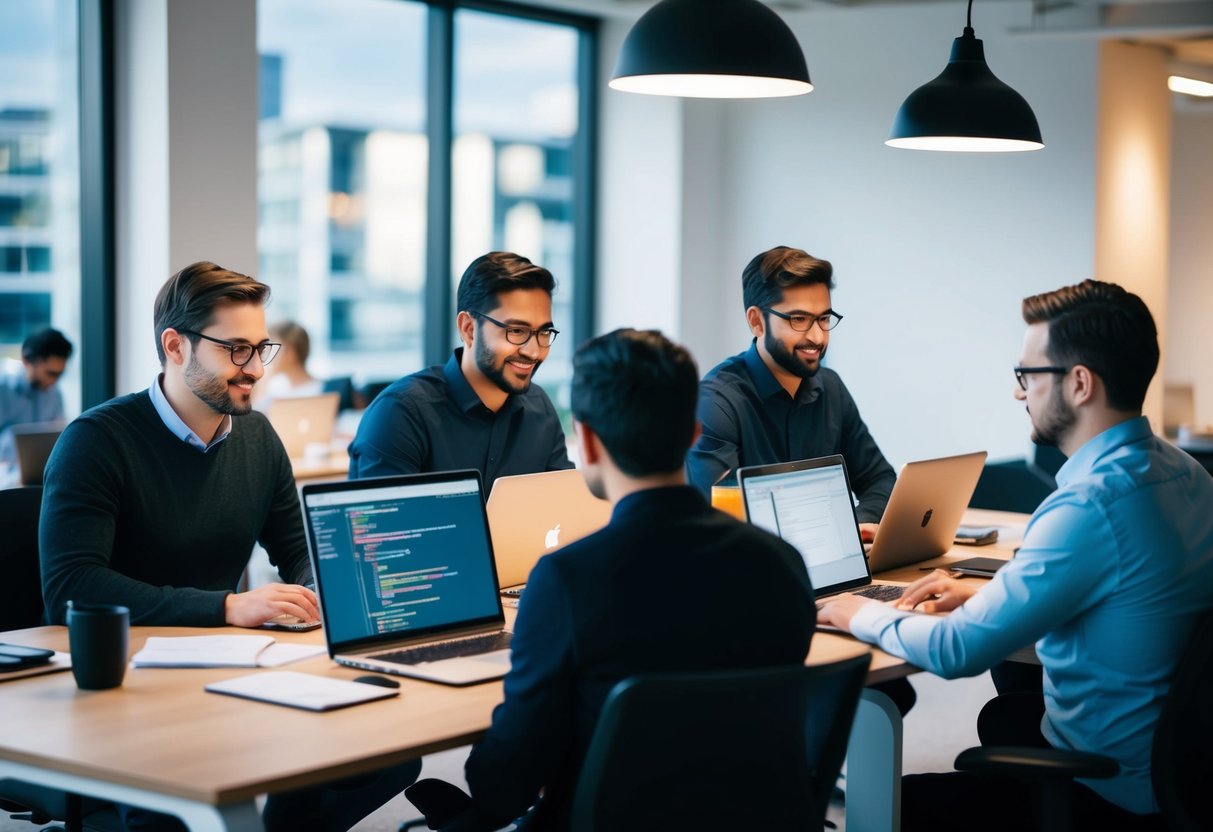 A group of developers working on coding projects using Xamarin technology in a modern office setting