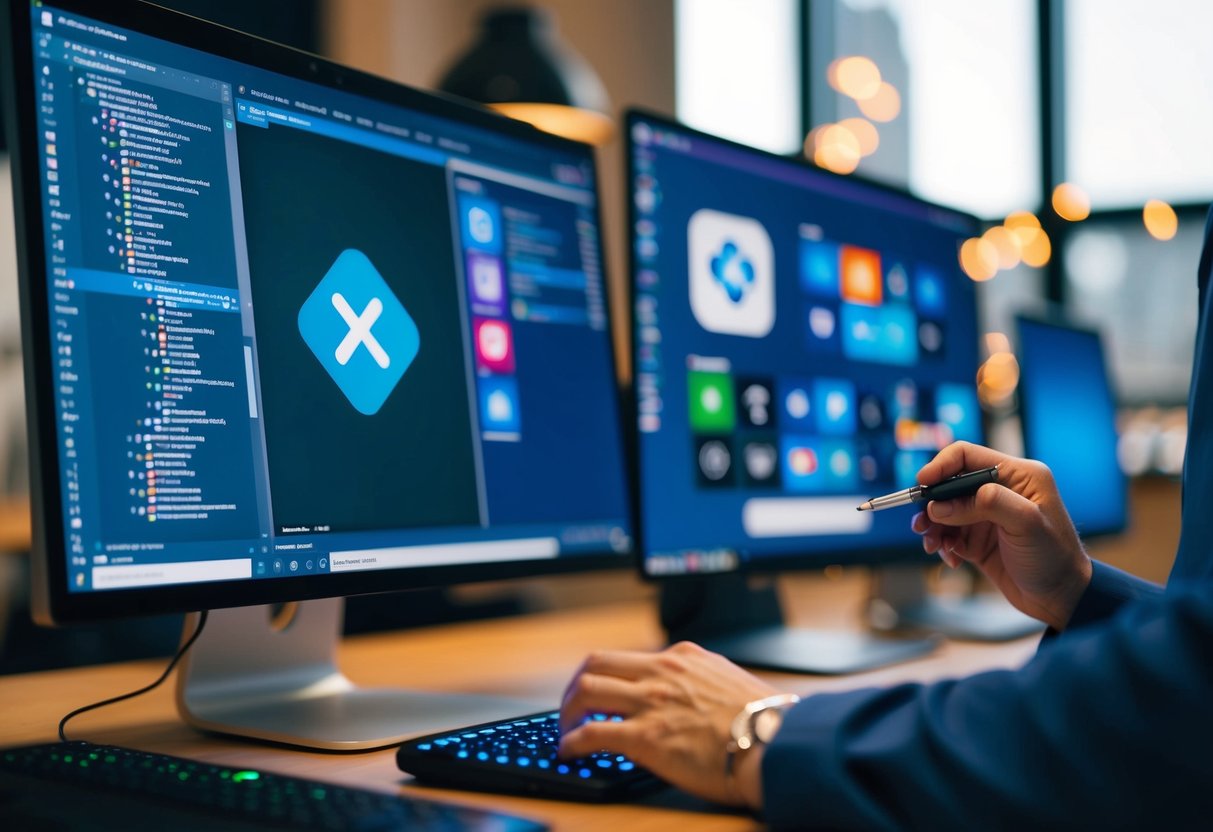 A developer writing code in Visual Studio for Xamarin app development, with multiple devices and platforms displayed on the screen