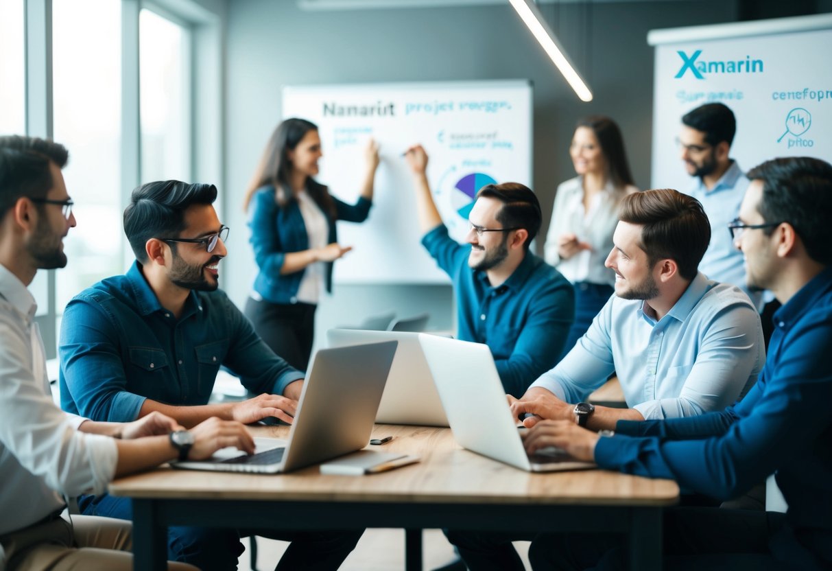 A group of developers collaborating on Xamarin project management, with laptops and whiteboards