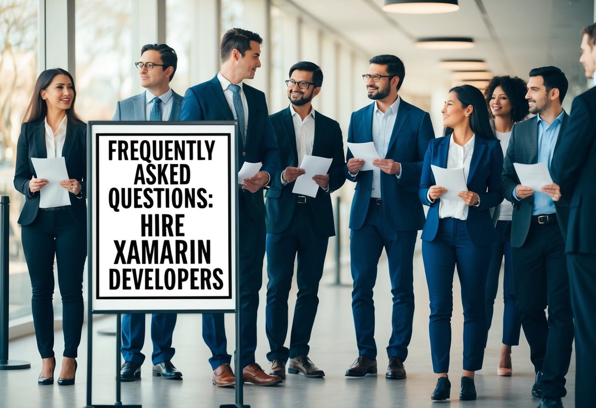 A group of people standing in line, holding papers and looking at a sign that reads "Frequently Asked Questions: Hire Xamarin Developers."