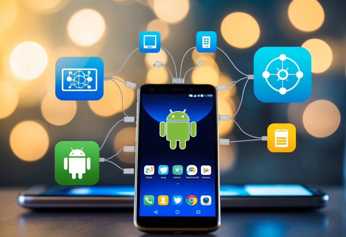 An Android phone connected to multiple other devices through a network, displaying various app icons related to Android development and networking skills