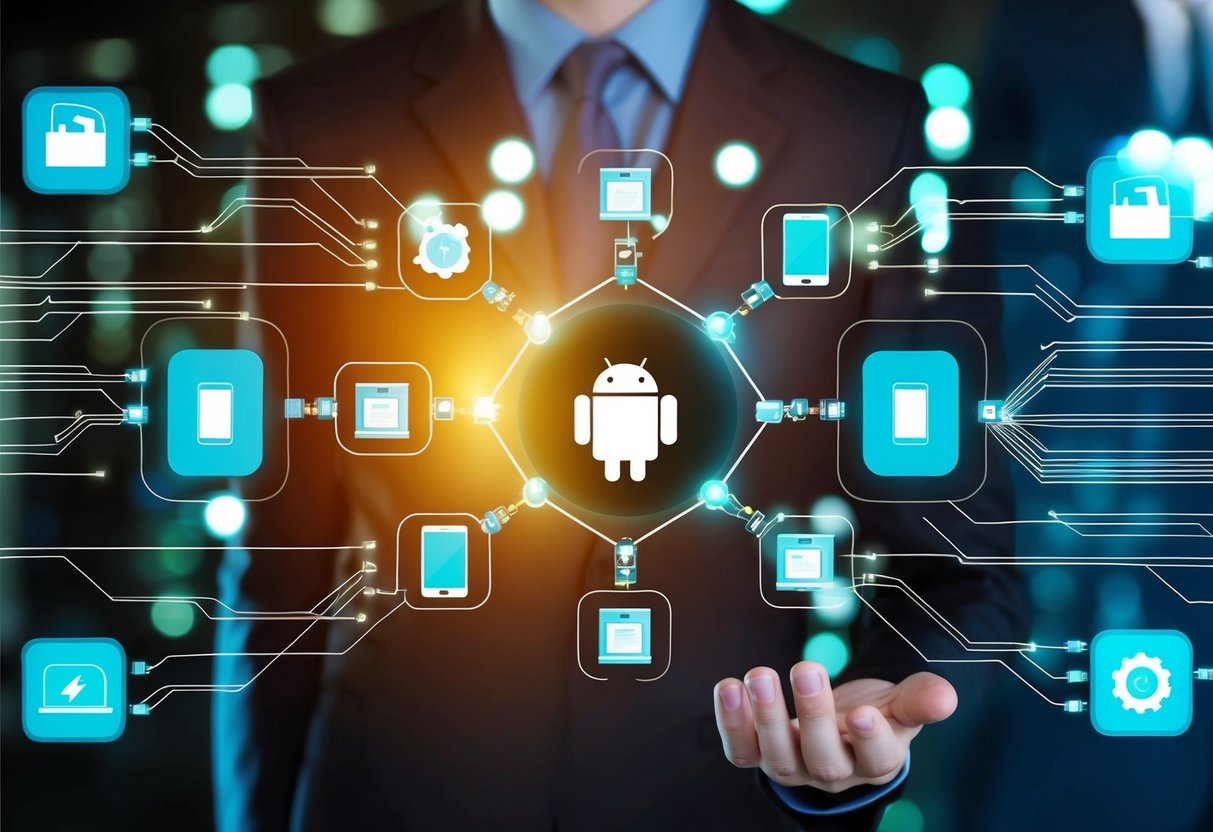 A complex network of interconnected Android devices showcasing advanced concepts and skills