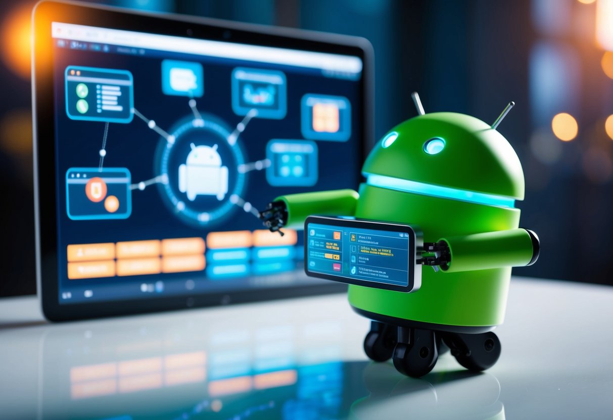 An android robot executing various testing strategies on a digital interface