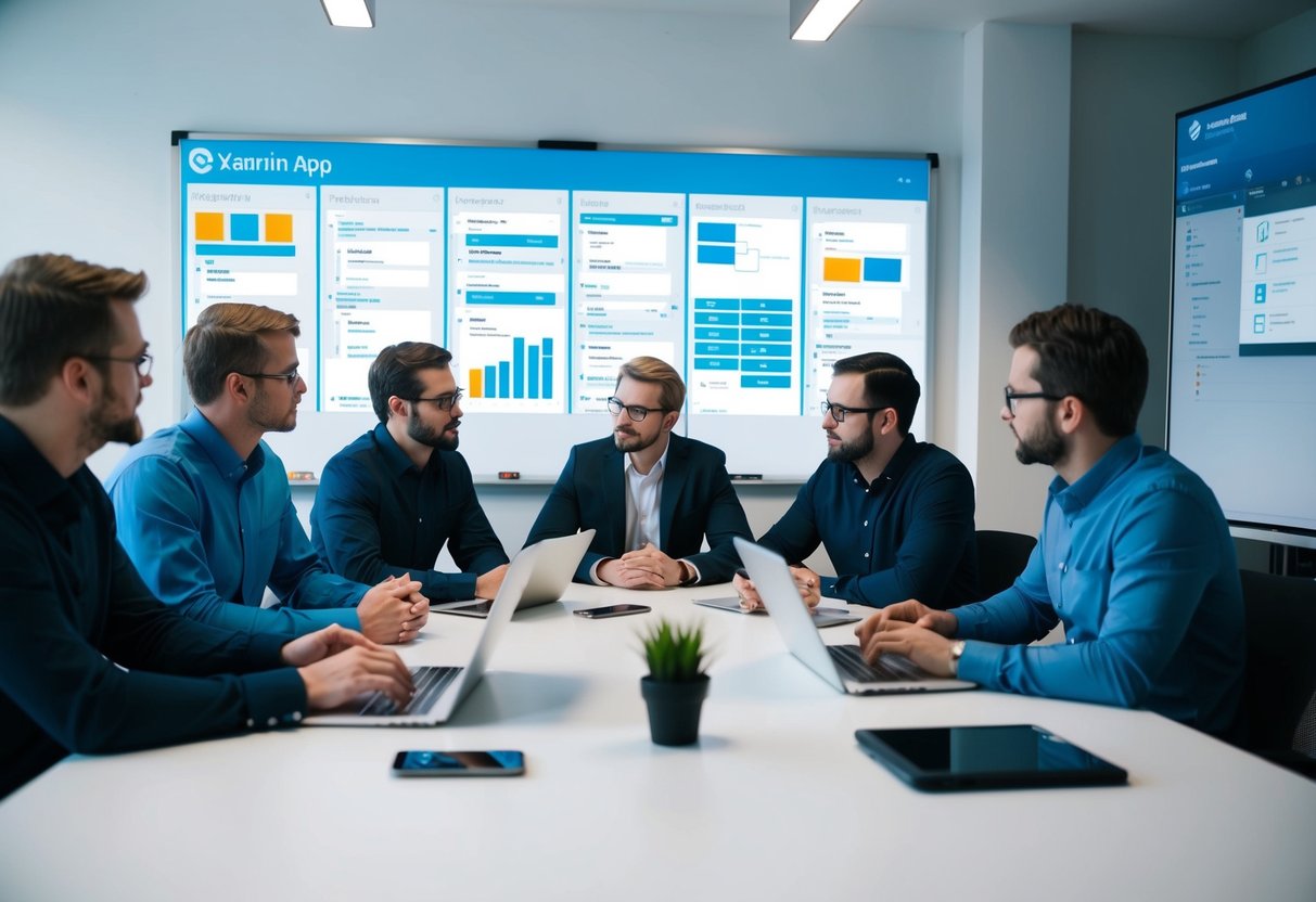 A group of developers sit around a table, discussing code and technology. A whiteboard displays various Xamarin app designs and development plans