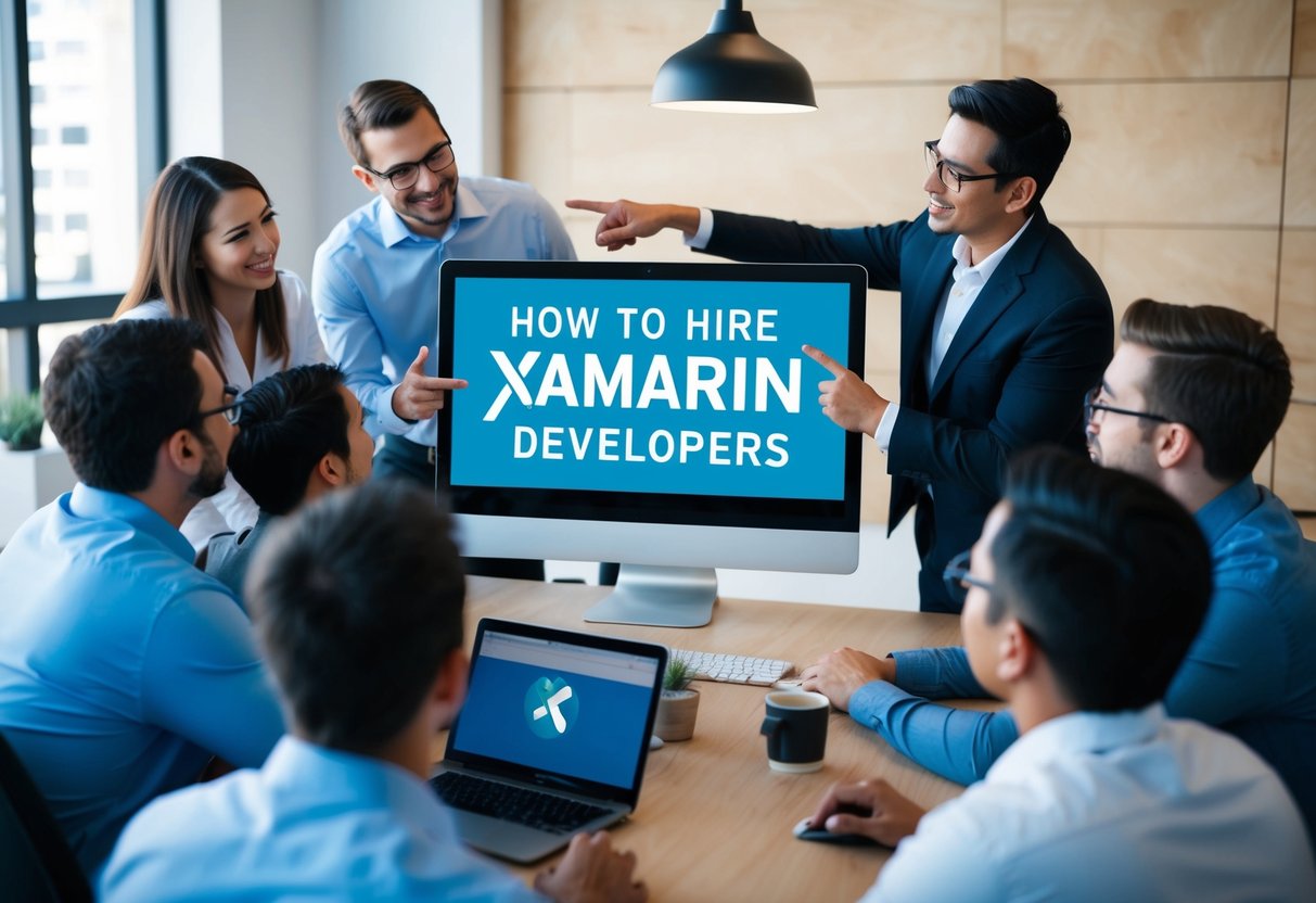 A group of employees gather around a computer, watching a tutorial on how to hire xamarin developers. A manager points to the screen, explaining the onboarding and integration process