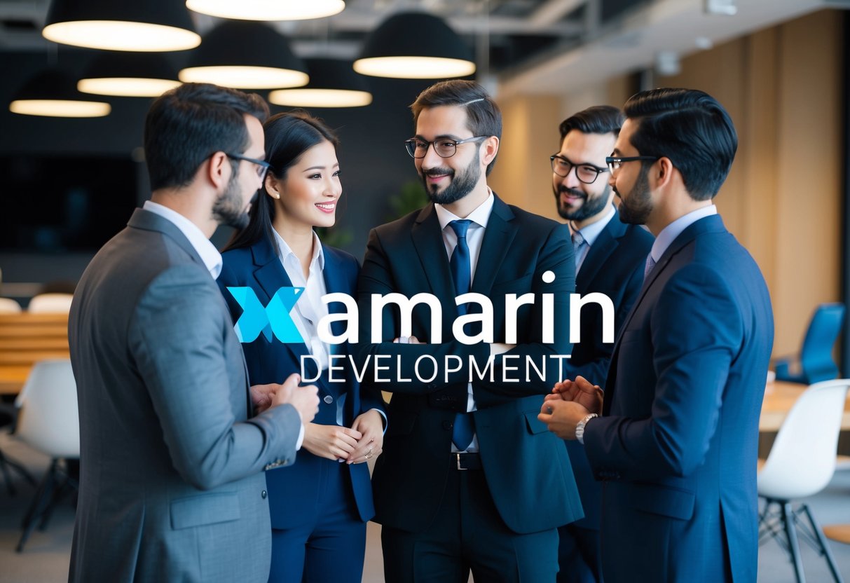 A group of professionals discussing Xamarin development in a modern office setting