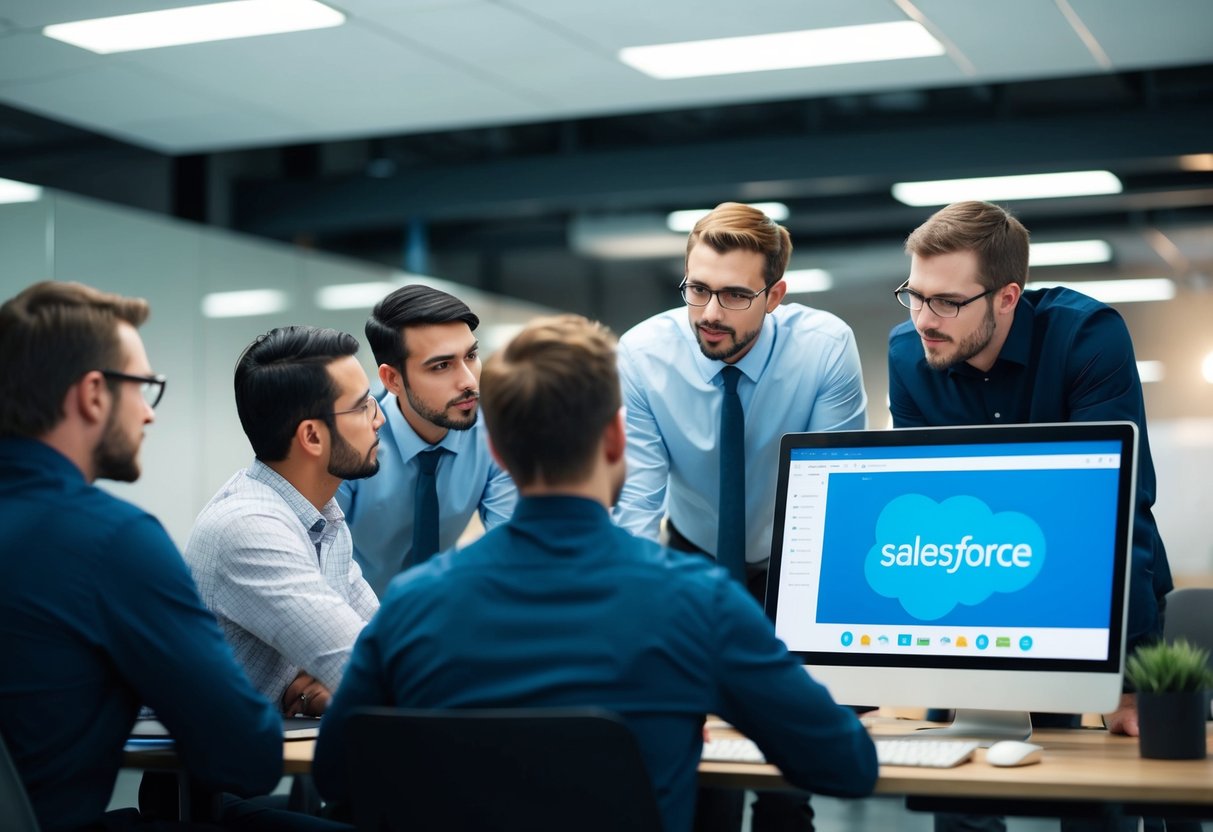 A group of developers discussing budgeting and cost considerations in front of a computer screen showing Salesforce platform