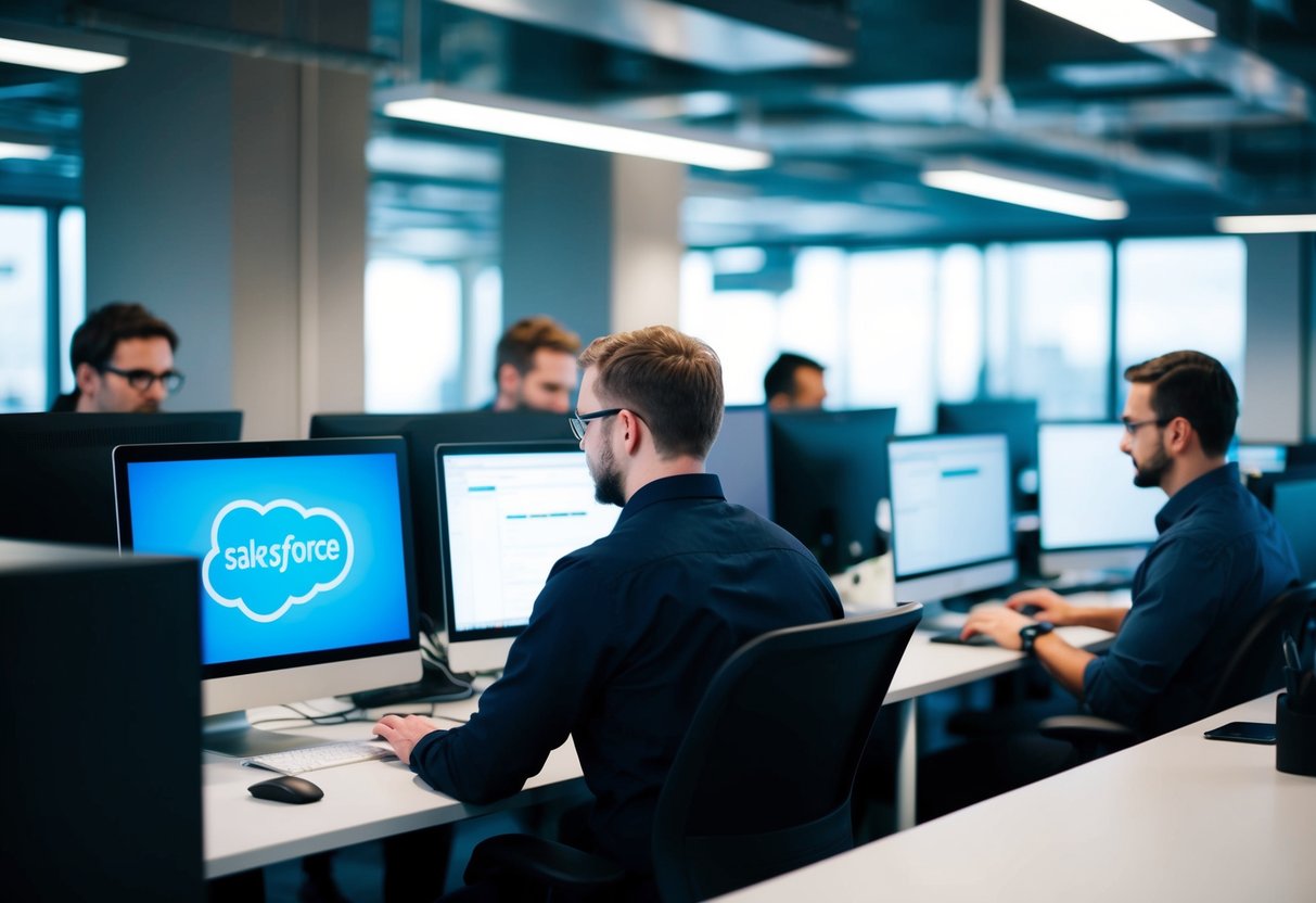 A team of developers working on computers in an office, with a focus on Salesforce support and maintenance