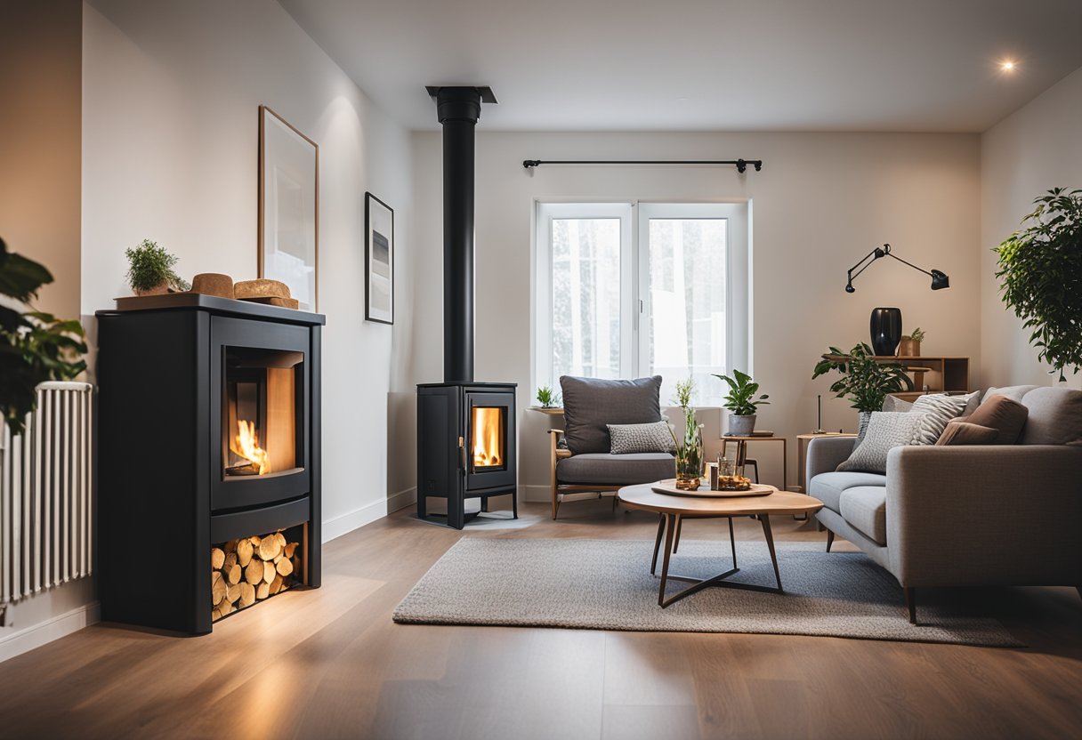 A cozy living room with a modern pellet stove as the focal point, surrounded by comfortable furniture and warm lighting