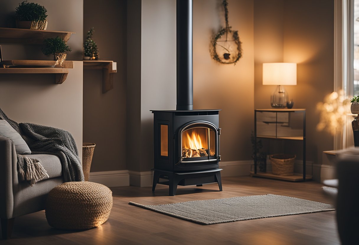 A cozy living room with a modern pellet stove as the focal point, emitting a warm and inviting glow