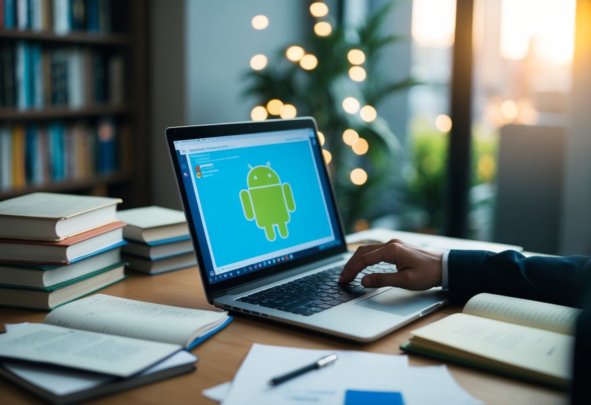 A person typing on a laptop, surrounded by books and papers, with an Android development software open on the screen