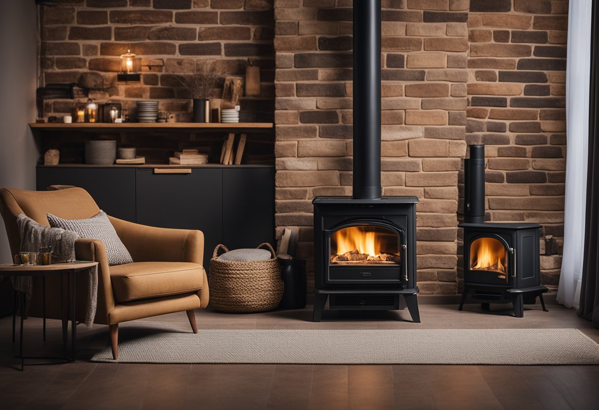 A cozy living room with various pellet stoves on display, showing different styles and sizes. The room is well-lit, with the stoves positioned against a brick or stone backdrop