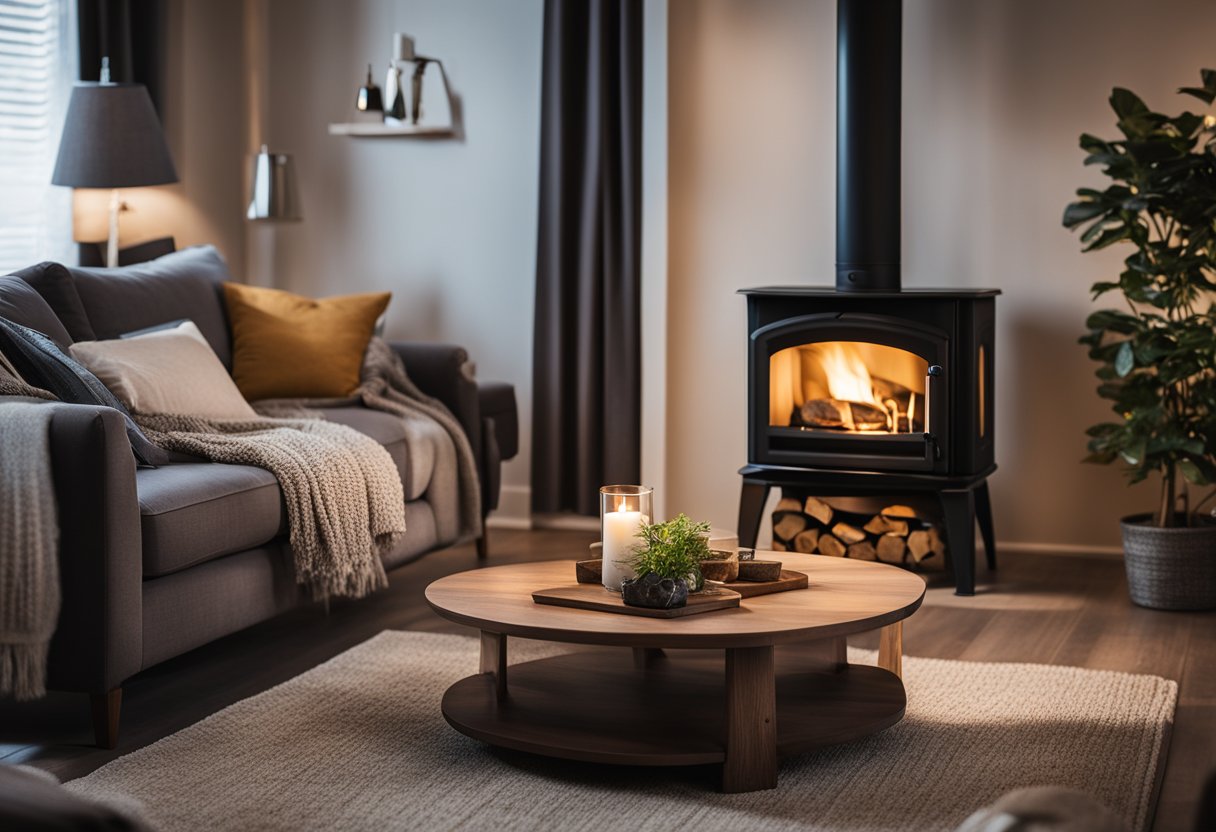 A cozy living room with a pellet stove as the focal point, surrounded by comfortable furniture and warm lighting