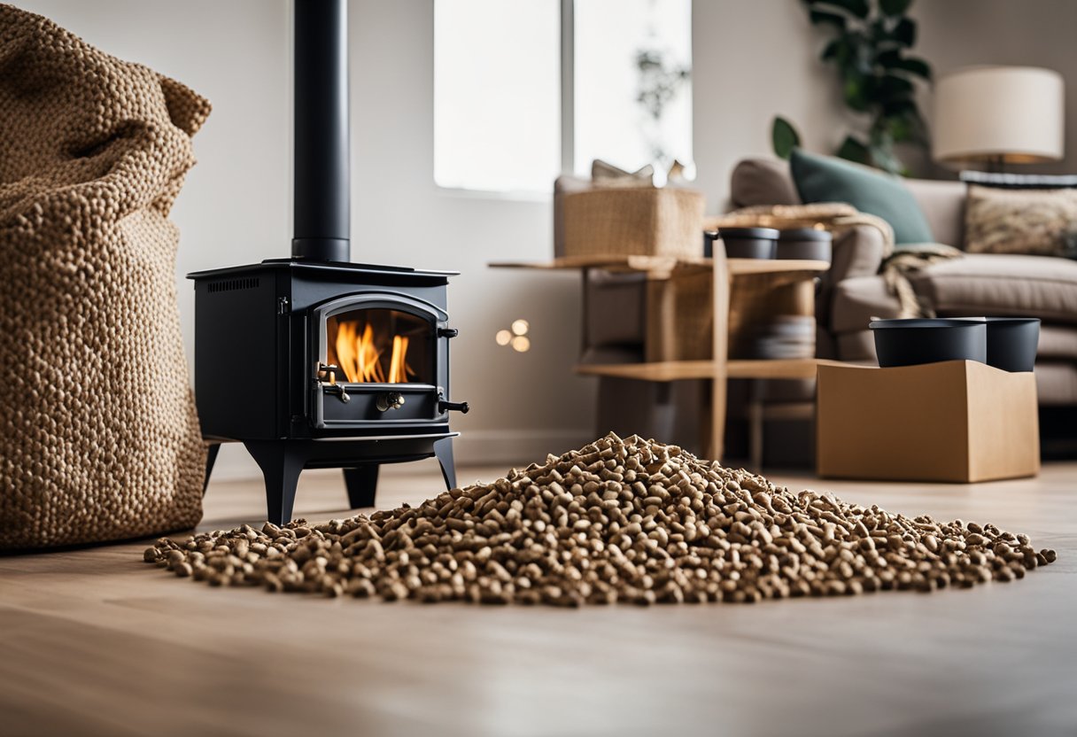 A cozy living room with a pellet stove as the focal point, surrounded by bags of pellets and maintenance tools