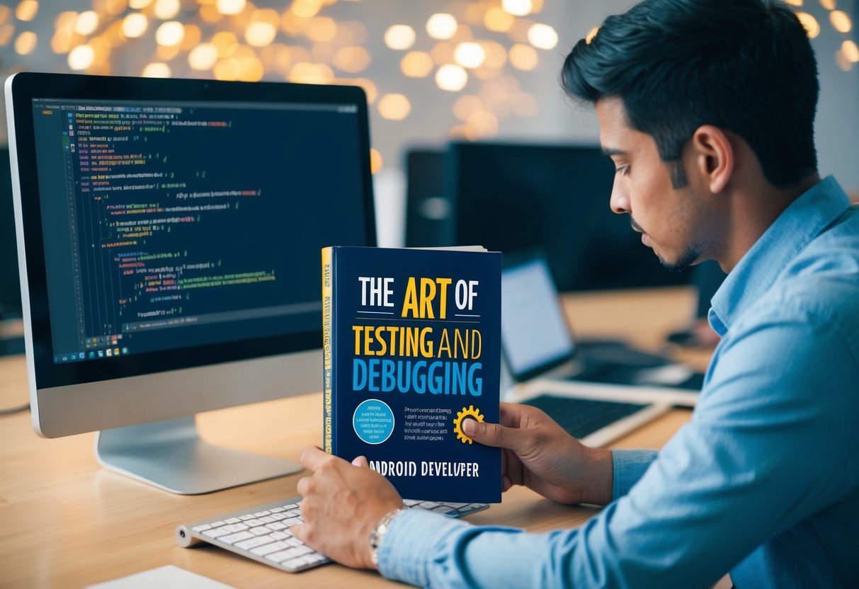 A person debugging code on a computer while studying "The Art of Testing and Debugging" book for becoming an Android developer