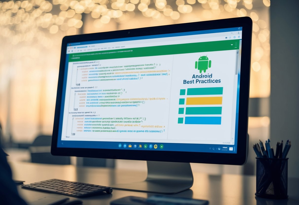 A computer screen displaying code with multiple versions and a checklist of best practices for Android development