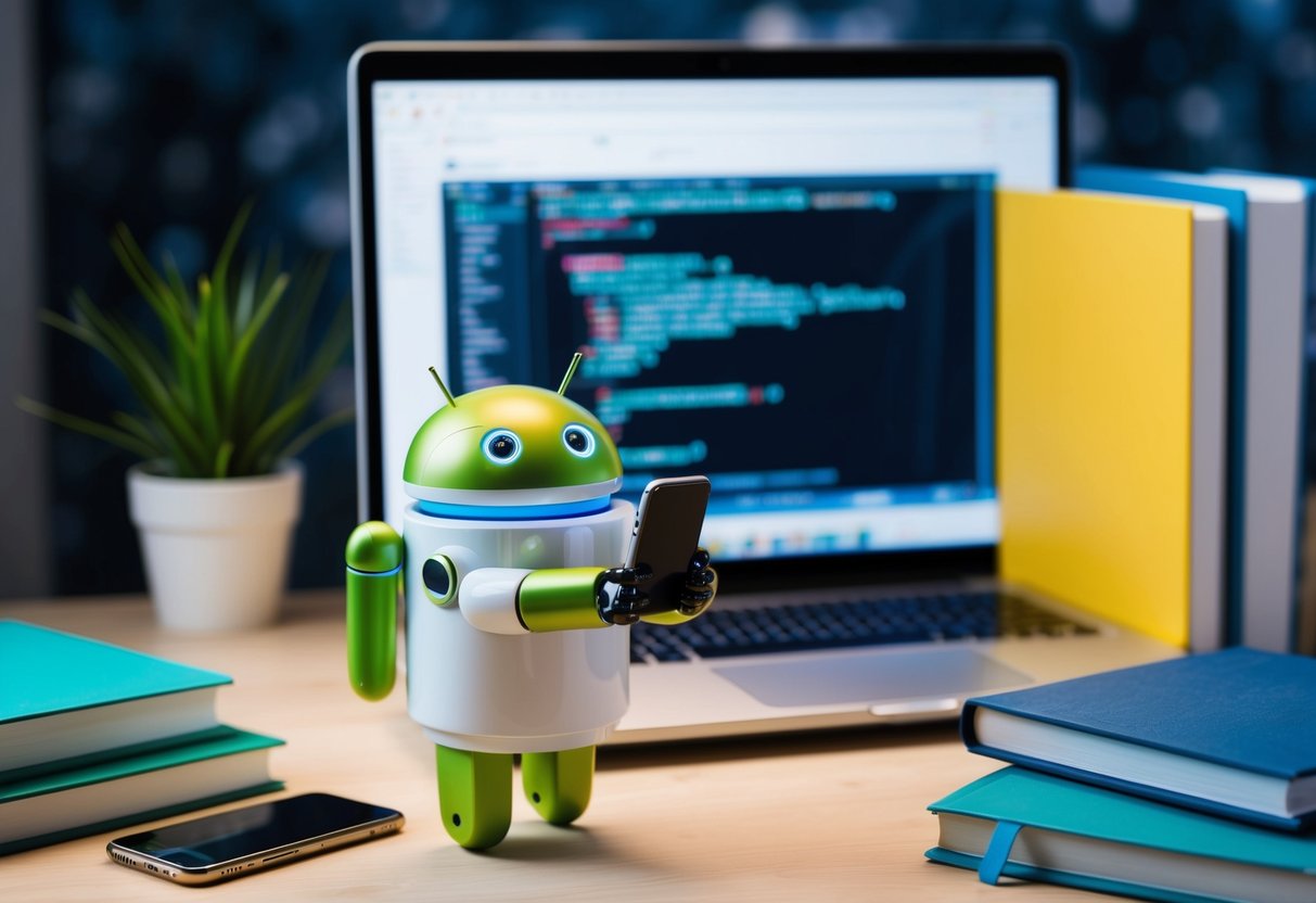 An Android robot holding a smartphone, surrounded by coding books and a laptop with code on the screen