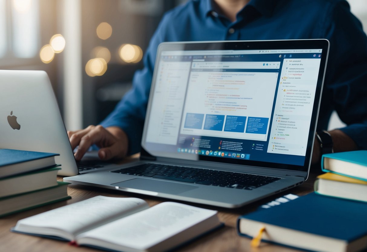 A person researching online courses and coding tutorials on a laptop while surrounded by books on programming and technology