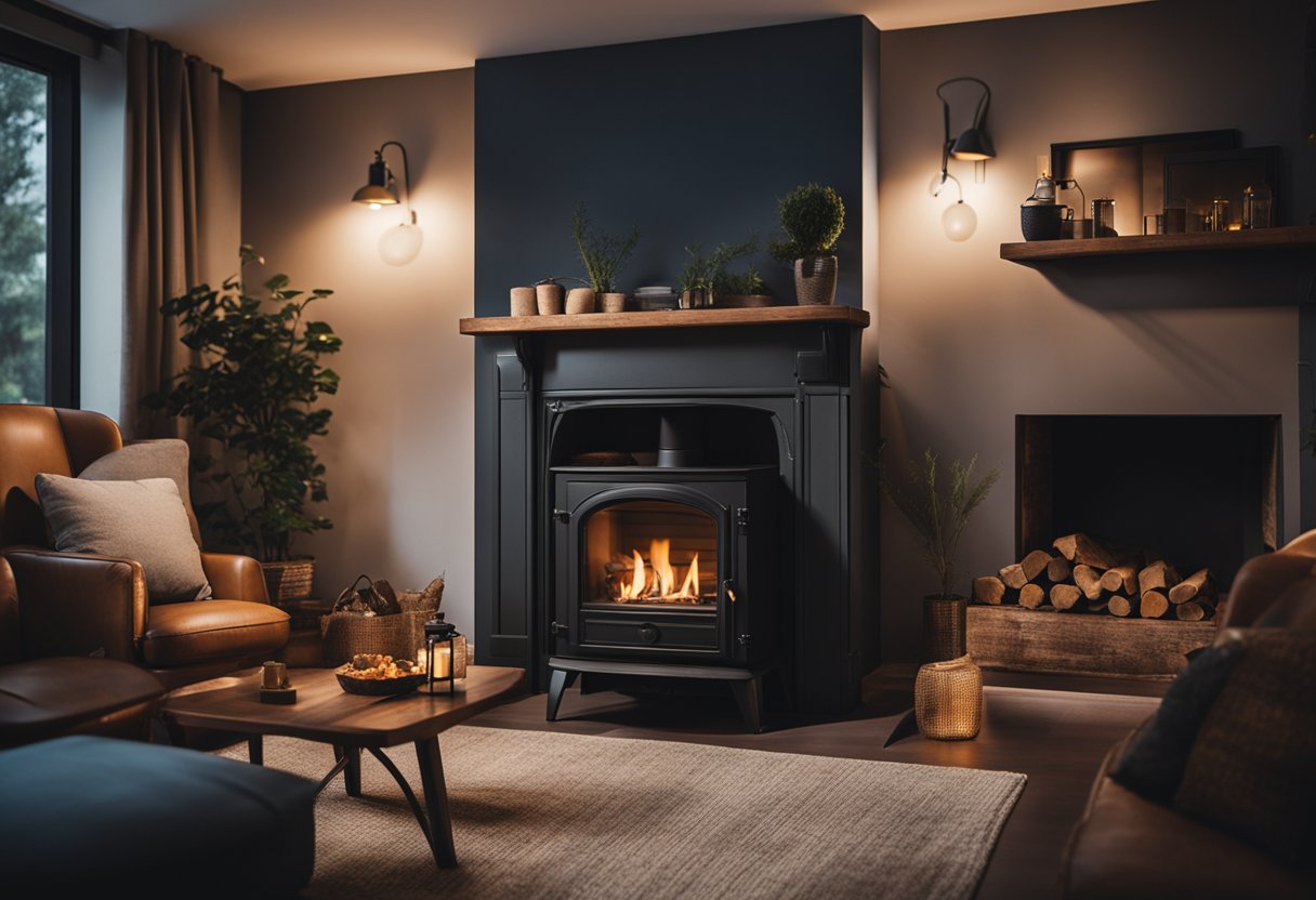 A cozy living room with a crackling fire in a Henley stove, surrounded by comfortable chairs and warm lighting