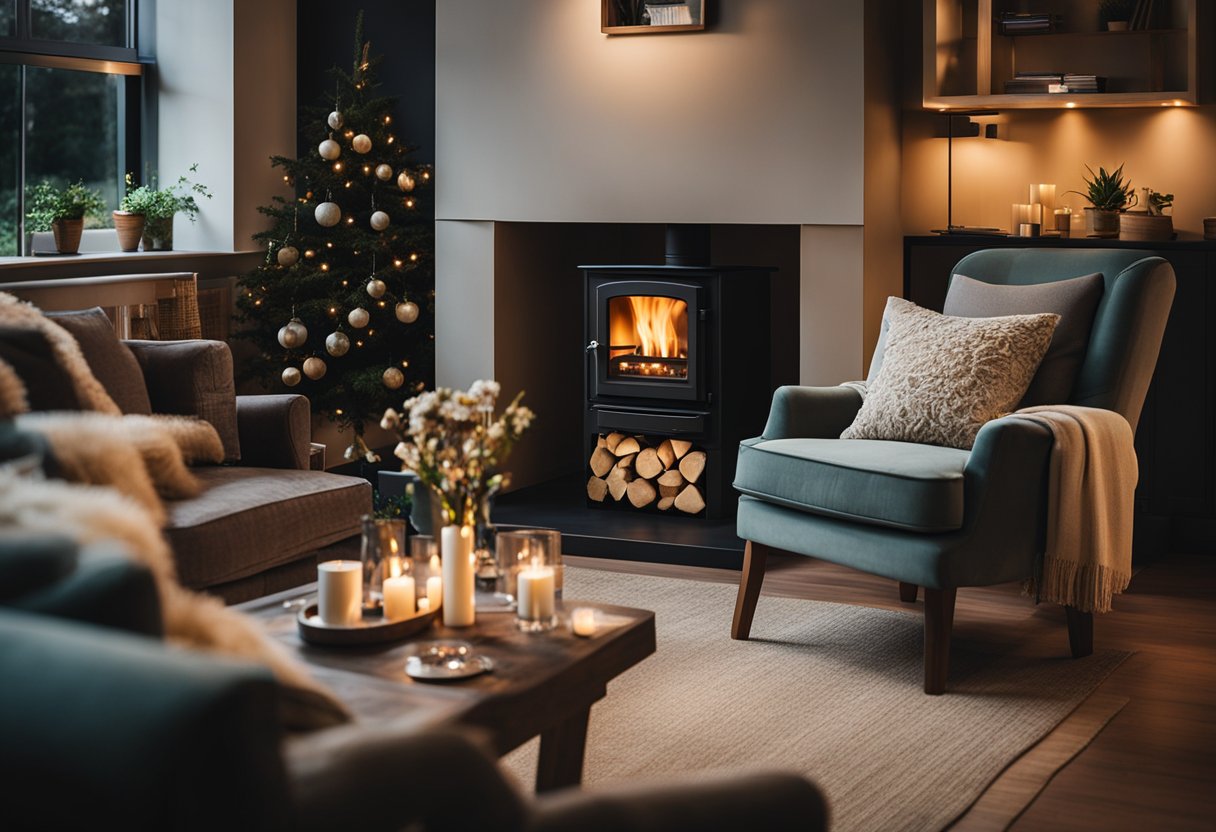 A cozy living room with a roaring fire in a Henley stove, surrounded by comfortable furniture and warm lighting