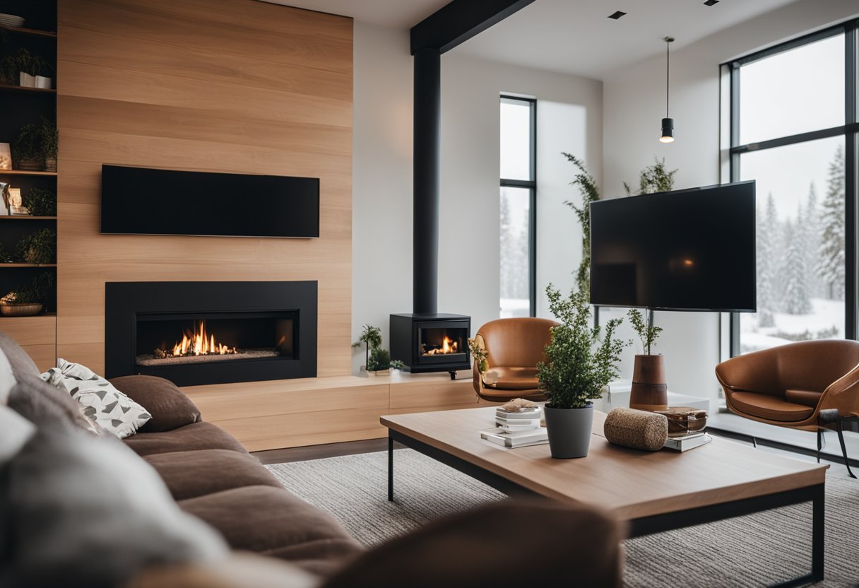 A cozy living room with a modern fireplace, surrounded by comfortable seating and a warm, inviting atmosphere