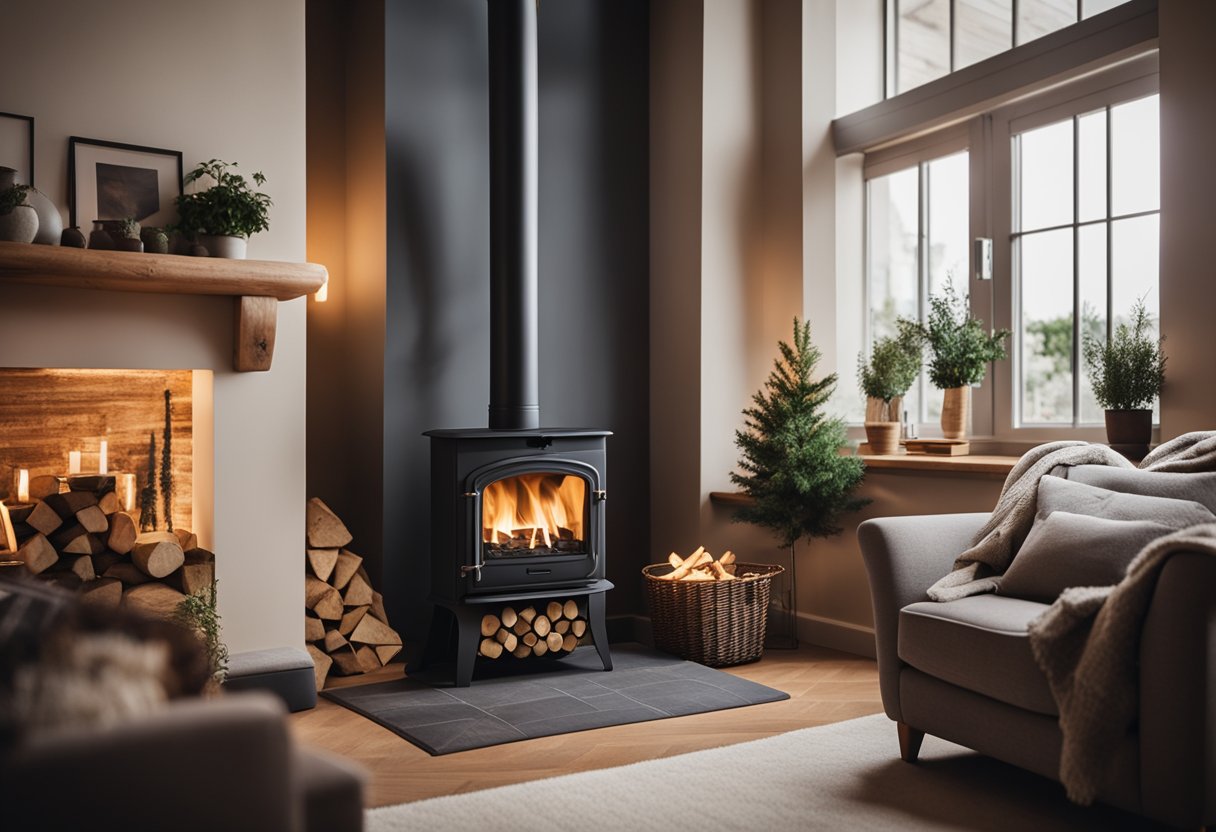 A cozy living room with a roaring fire in a traditional stove, surrounded by people asking questions about the best henley stoves for 2024