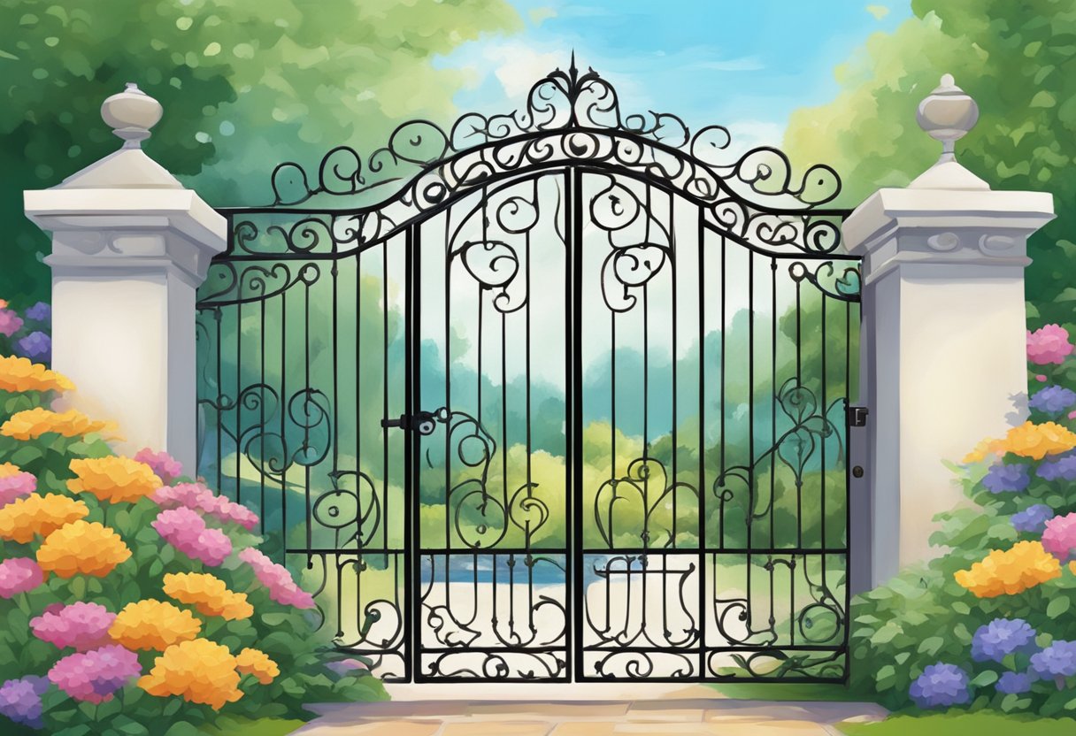 A charming wrought iron gate with decorative scrollwork and a fresh coat of paint stands against a backdrop of colorful flowers and manicured landscaping