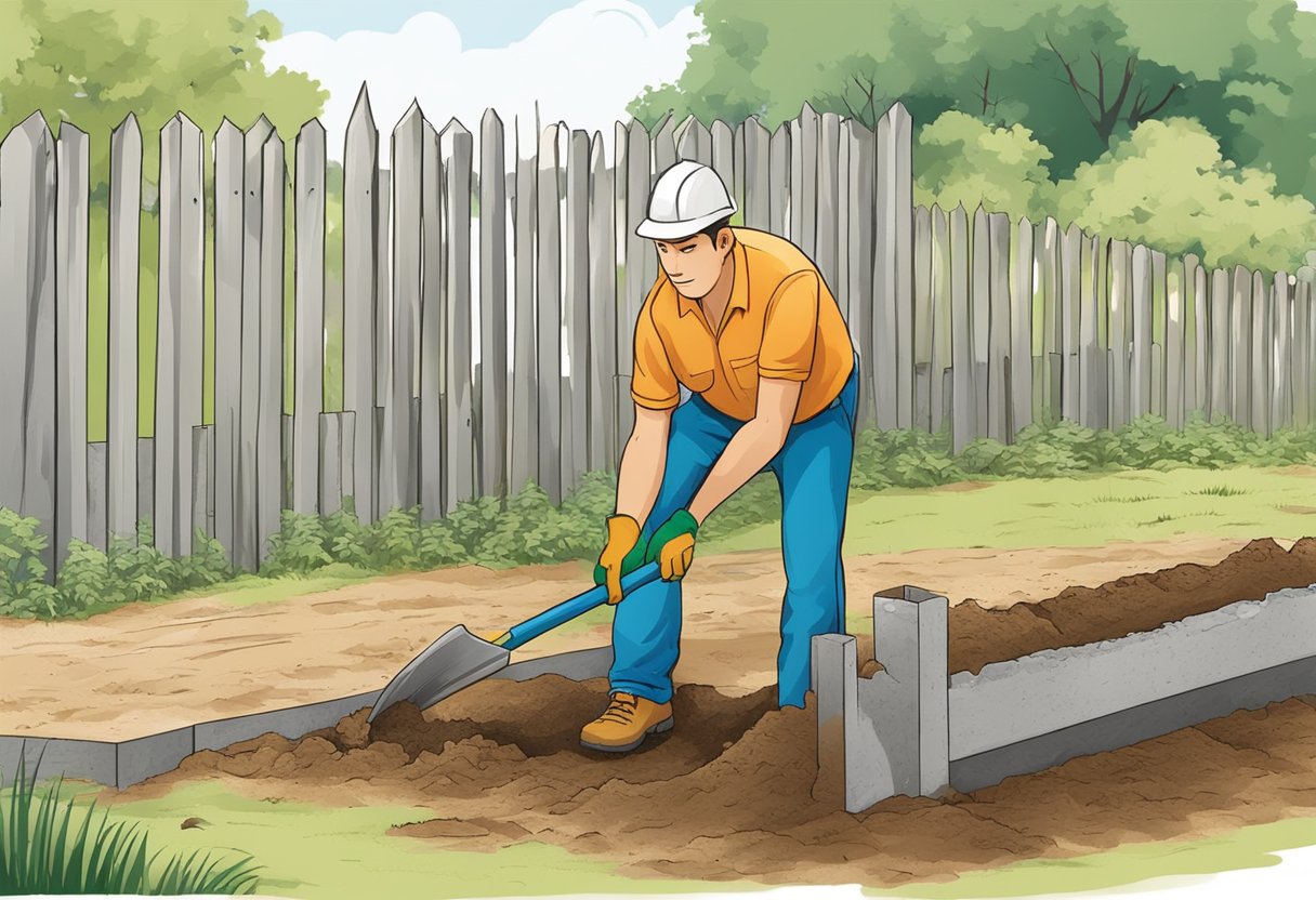 A person uses a shovel to dig a hole around a broken fence post. They then insert a new post and use a level to ensure it is straight before adding concrete for reinforcement