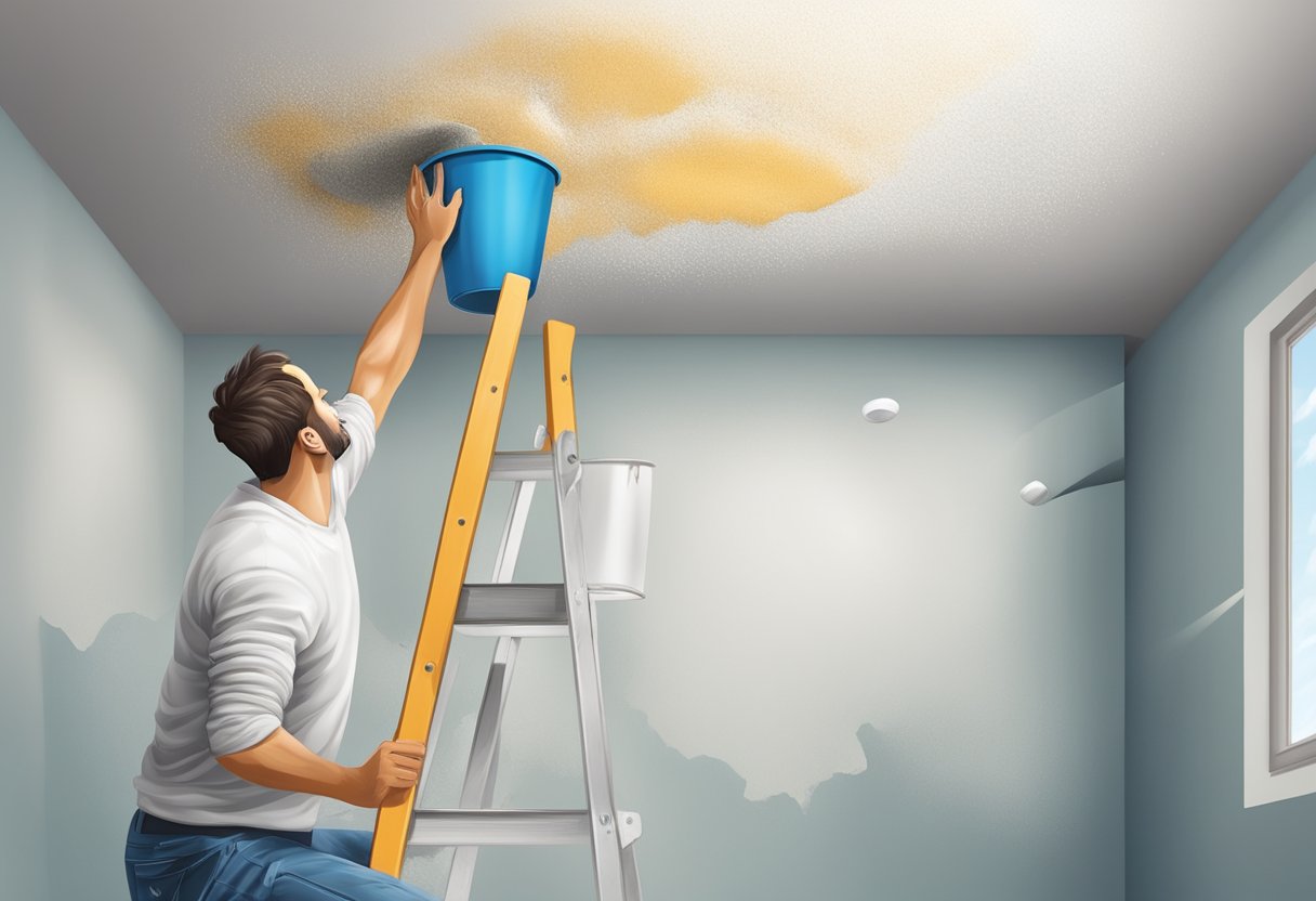 A ladder placed under a damaged drywall ceiling with water stains. A person's arm reaching up with a putty knife and a bucket of spackling compound nearby