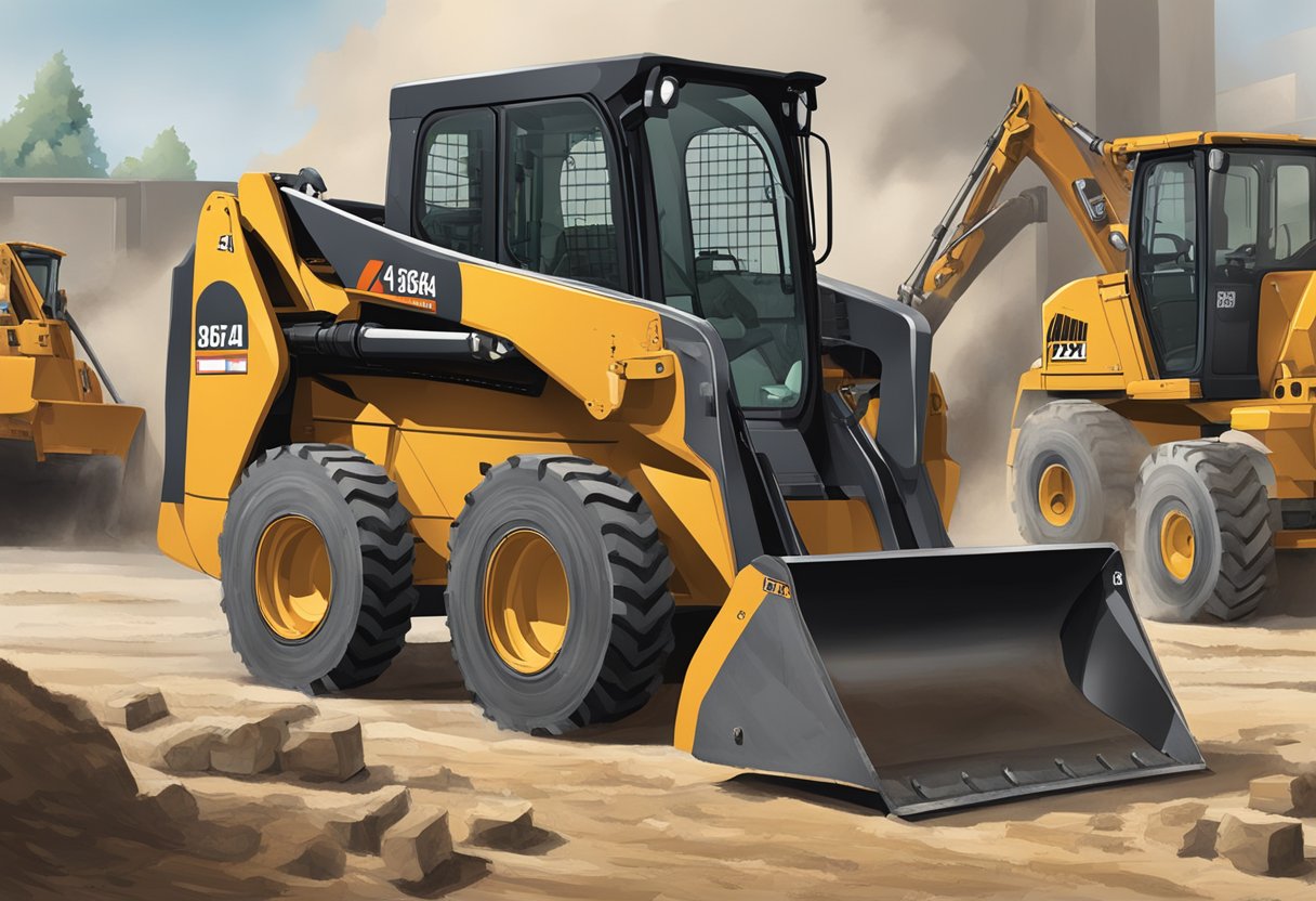 A 746B Bobcat parked on a construction site, with a fuel nozzle inserted into its tank, surrounded by other heavy machinery