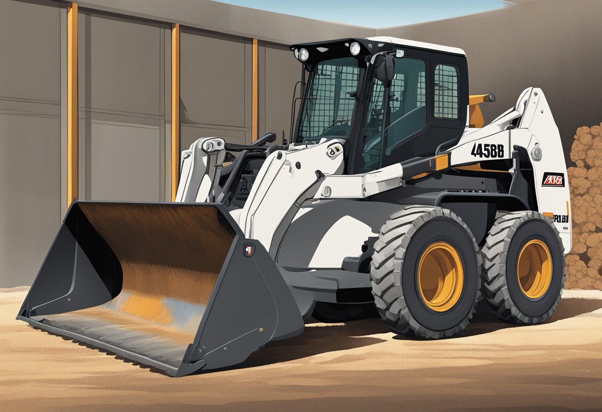 A 746B Bobcat with a fuel capacity of 23.8 gallons, parked on a construction site with other heavy machinery in the background