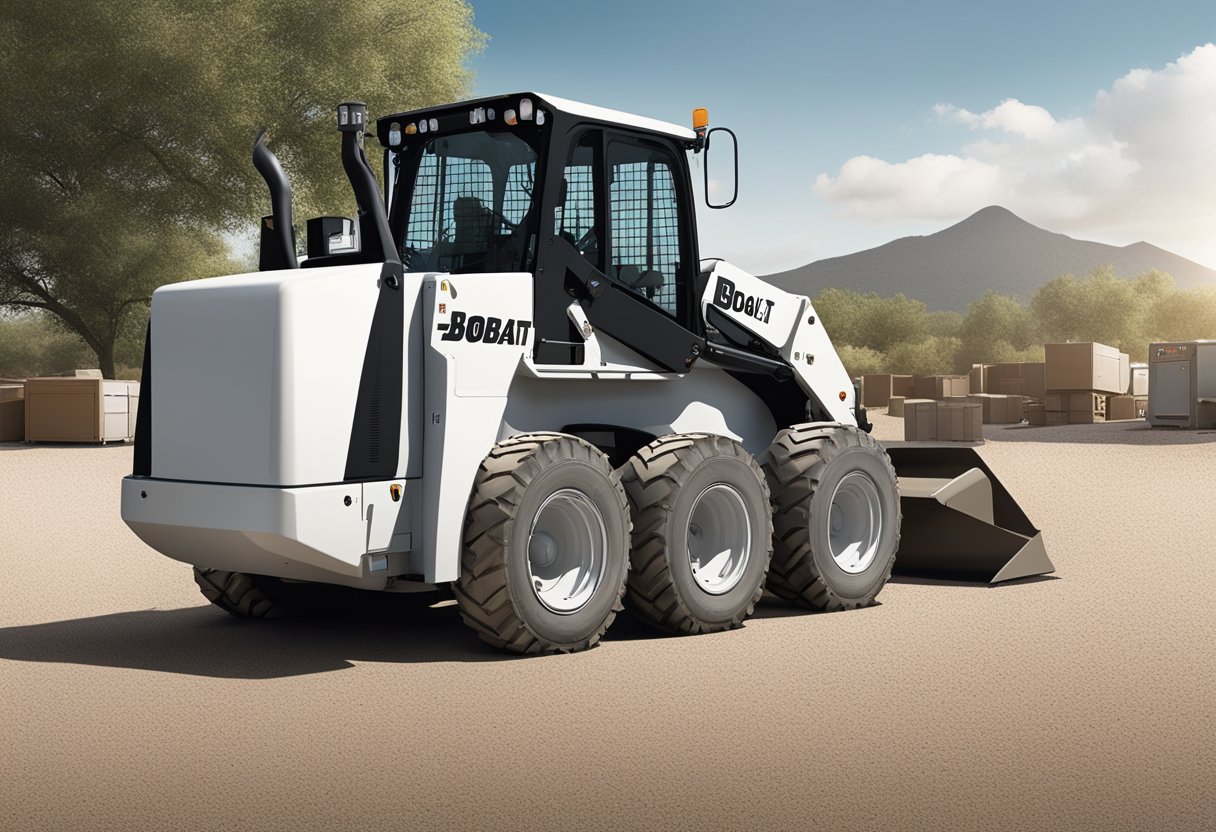 A 746B Bobcat parked in a gravel lot, with a fuel pump nozzle inserted into its fuel tank