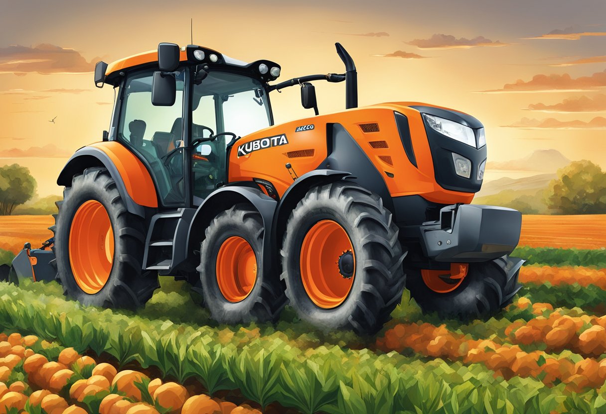 A Kubota M95X tractor surrounded by agricultural symbols and tools