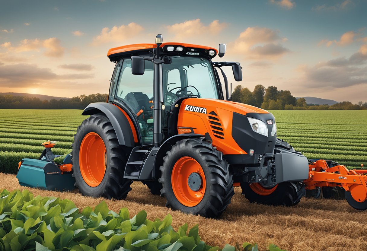 The Kubota M95X tractor surrounded by agricultural symbols and icons, with a focus on the machine's key specifications