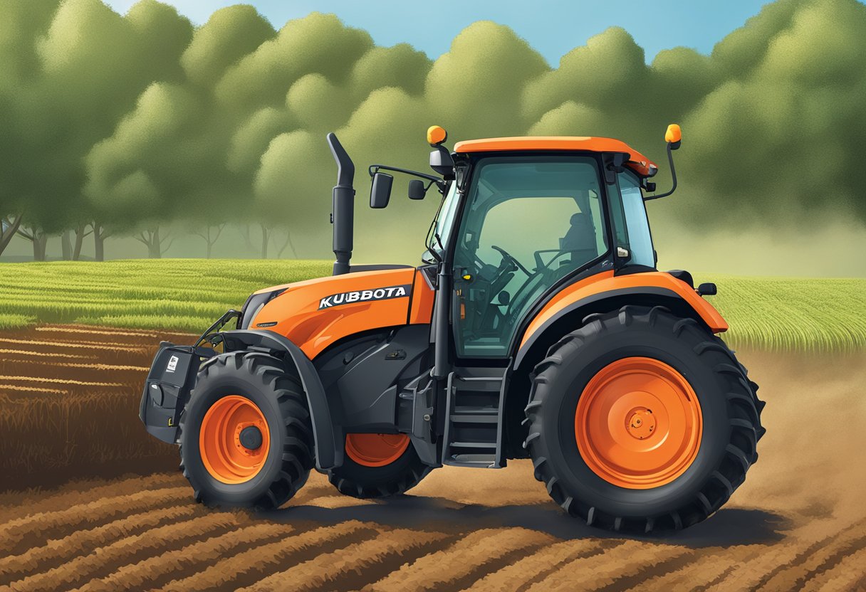 A farmer comfortably operating a Kubota M95X tractor, surrounded by convenient control symbols and levers