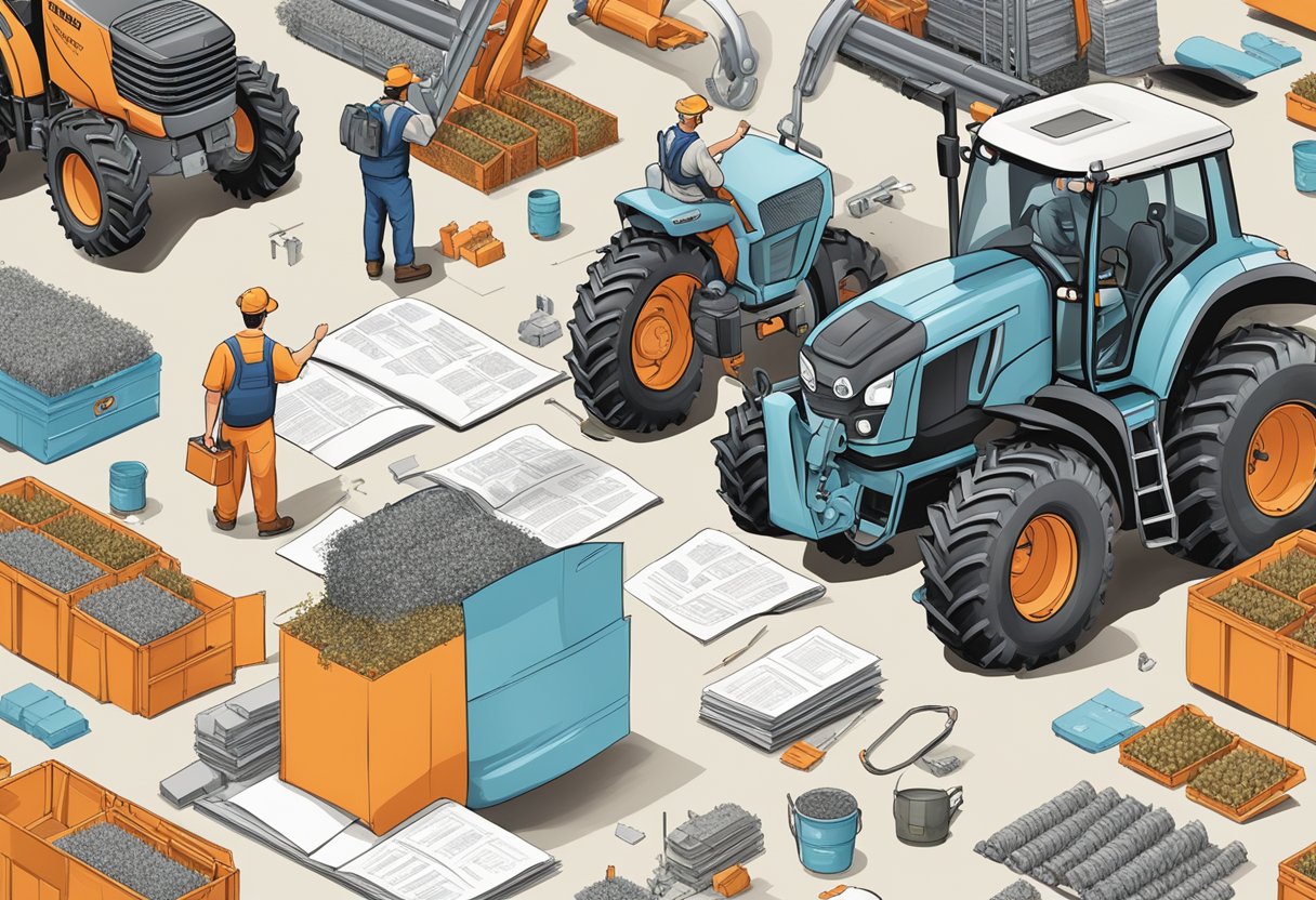 A farmer consulting a manual, surrounded by Kubota tractor parts and symbols