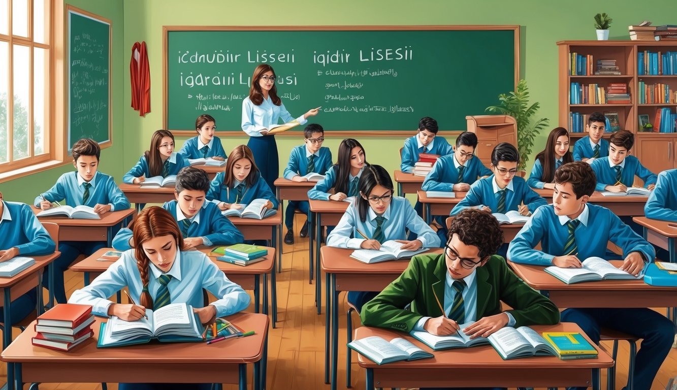 Iğdır Lisesi'nde öğrencilerin kitaplar, masalar ve eğitim materyalleri ile çalıştığı ve etkileşimde bulunduğu bir sınıf.