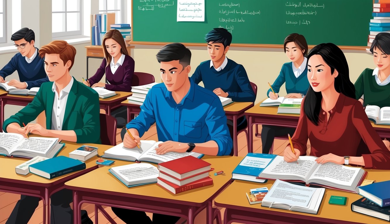 Bir sınıfta yabancı diller öğrenen bir grup öğrenci, masalarda dağınık halde bulunan ders kitapları ve dil öğrenme materyalleri ile birlikte.